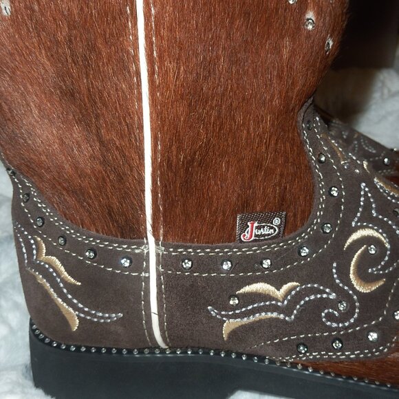 RARE Justin Leather Brindle Hair-On Hide w/ Rhinestones Cowgirl Boots 9 - Picture 5 of 16